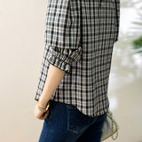 Ruffle Decor Round Neck Check Blouse - liwisi