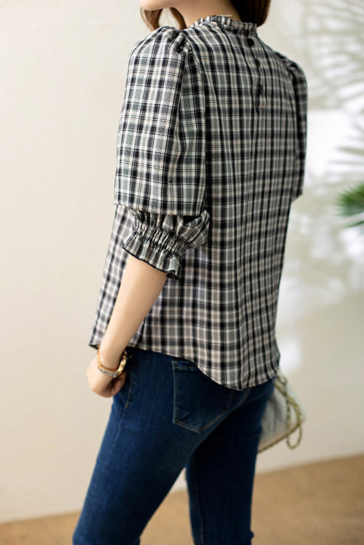 Ruffle Decor Round Neck Check Blouse - liwisi