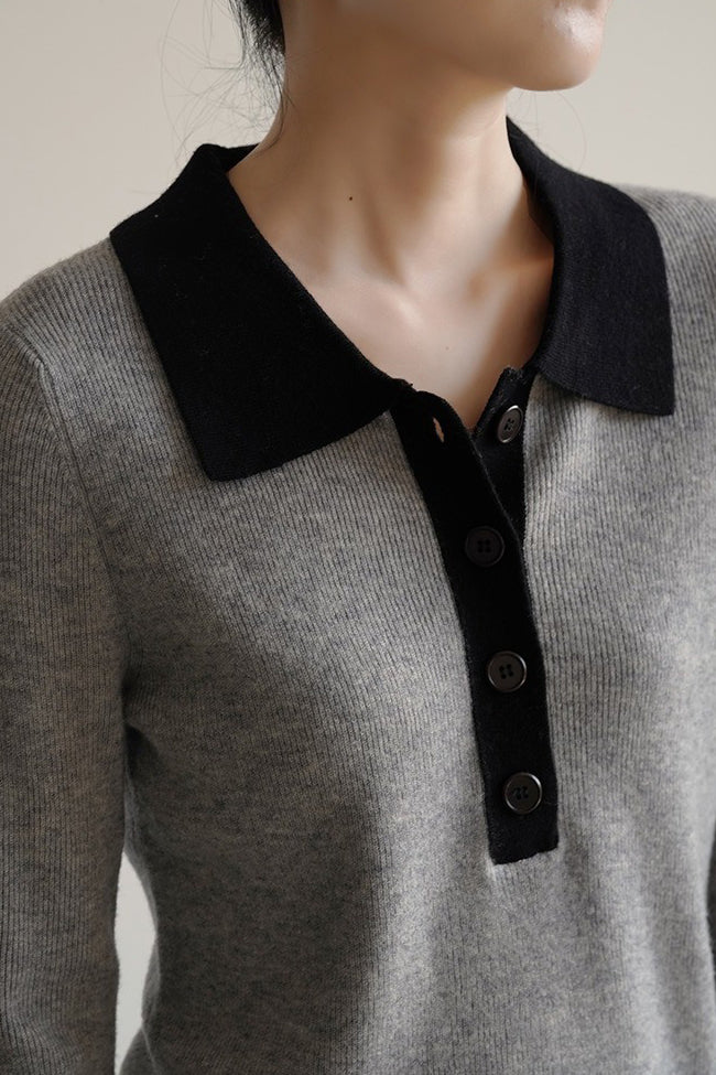 Bi-Color Basic Polo Collar Knit - liwisi
