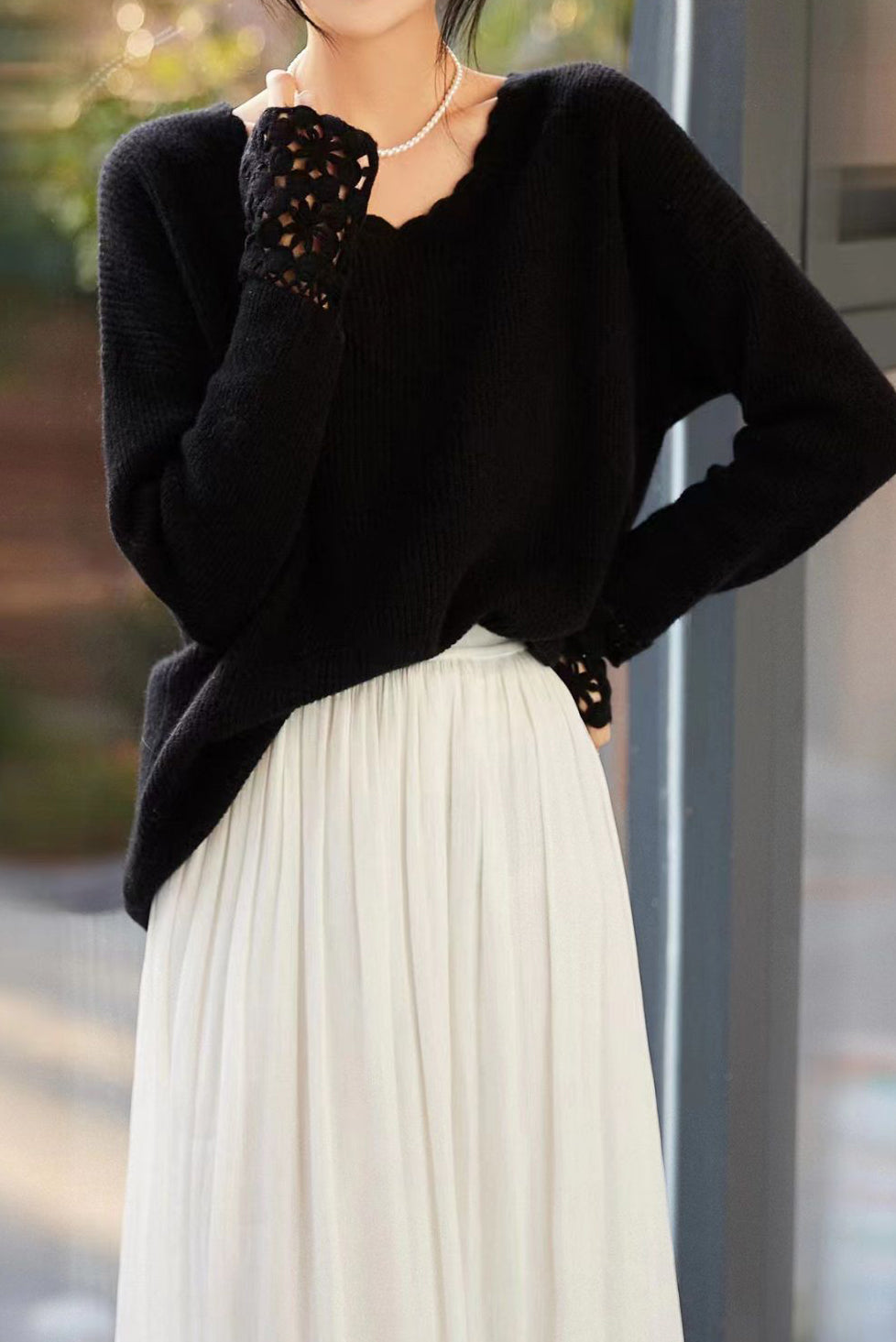 Ruffled Collar Open Knit Drop Shoulder Knit - 2 Colors Available - liwisi