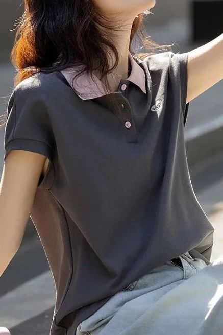 Casual color-block polo collar T-shirt. - liwisi