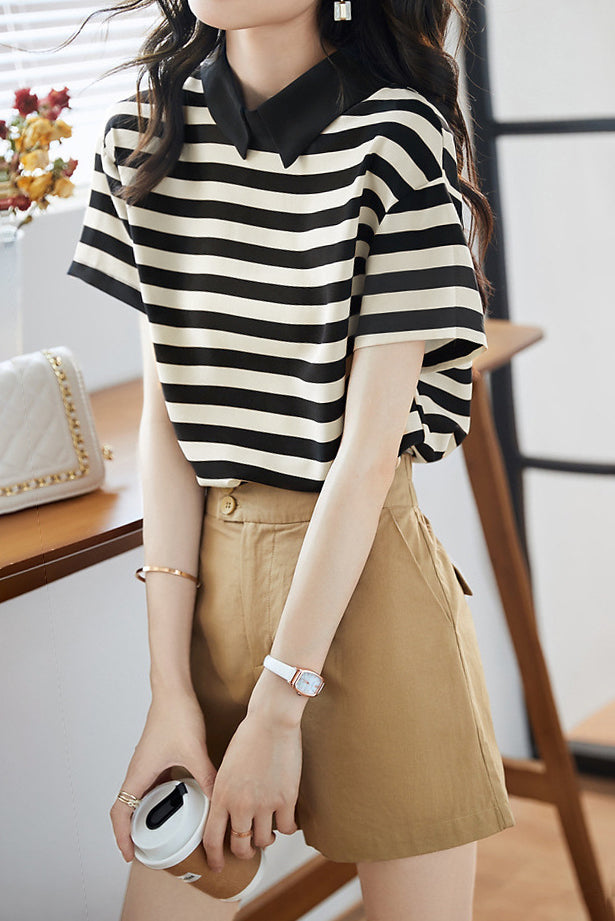 Polo Collar Striped Drop Shoulder Shirt - liwisi