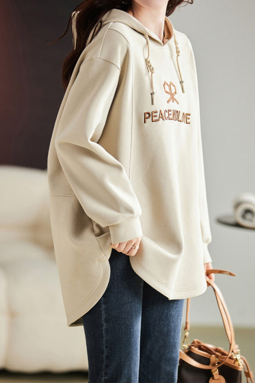 Hooded Logo Embroidery Drop Shoulder Hoodie - liwisi