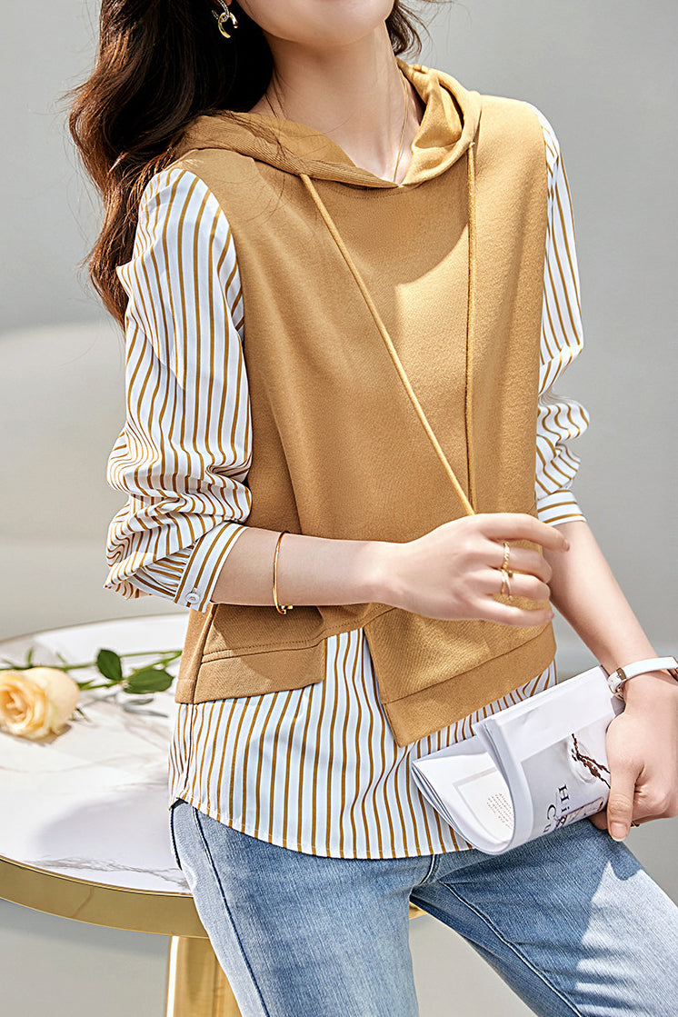 Mixed Material Striped Panel Hoodie - liwisi