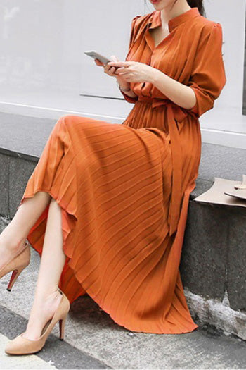 Puff Sleeve Waist Marked Pleated Dress - Long Sleeve, Elegant, Slimming, Fit, Work - 4 Colors Available - liwisi
