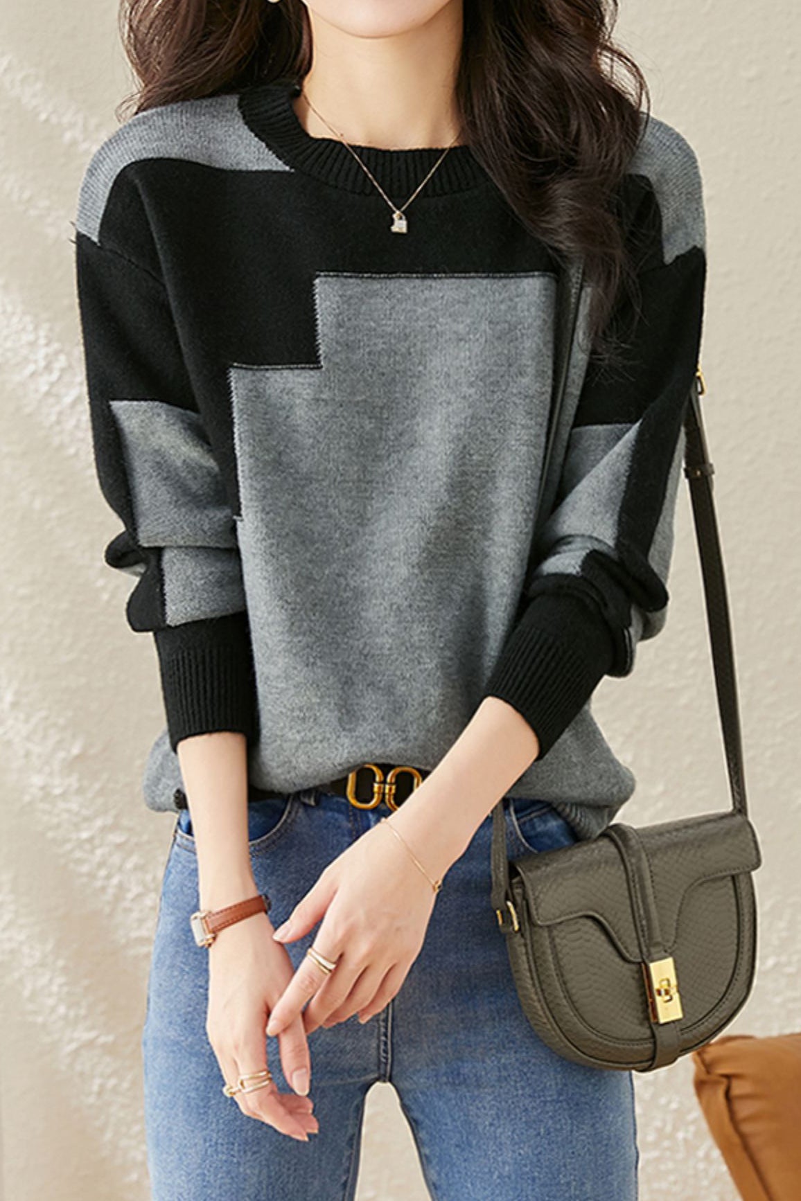 Casual Comfortable Dual-Tone Crew Neck Knit Sweater - liwisi