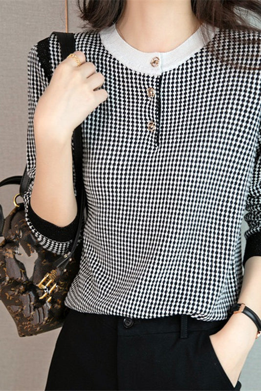Round Neck Slit Opening Check Knit - 2 Colors Available - liwisi