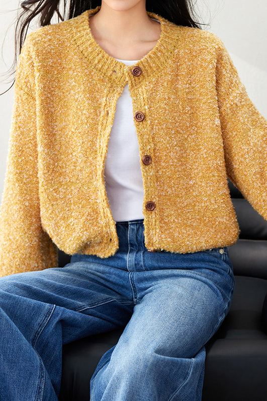 Yellow Single Button Oversized Round Neck Cardigan - liwisi