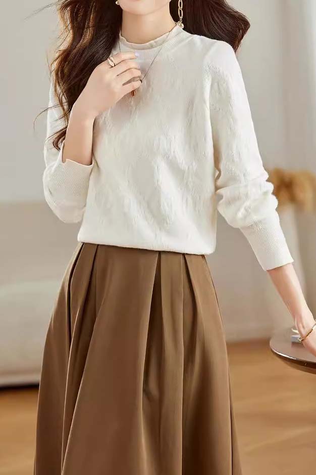 Bottle Neck Ruffled Decor Rib Hem Knit - liwisi