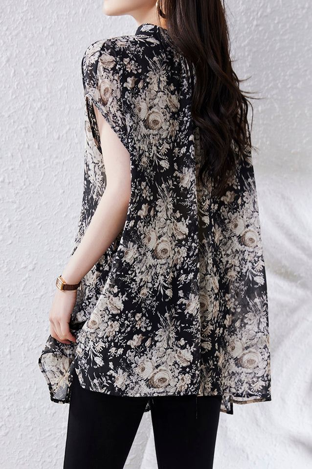 Skipper Collar Side Slit Flower Print Shirt - liwisi