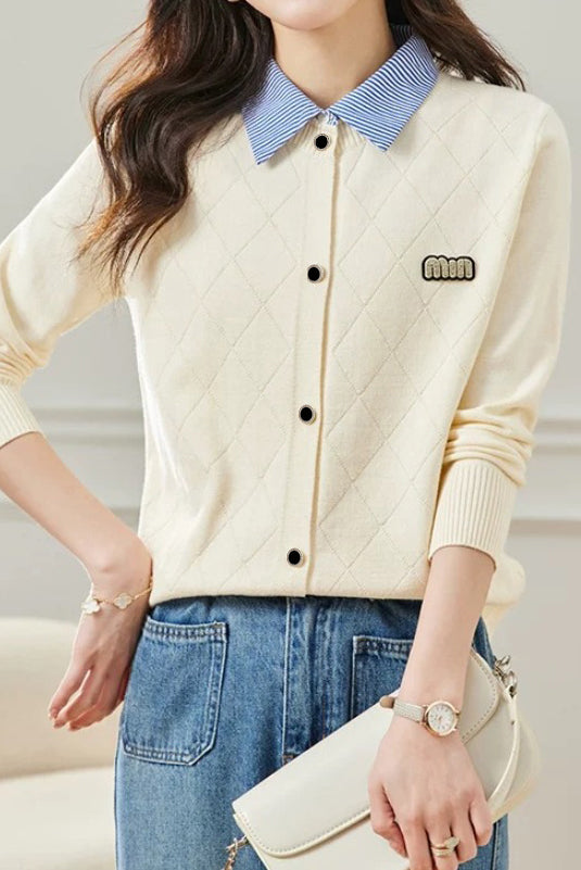 Mixed Material Shirt Collar Striped Logo Embroidered Knit Cardigan - 3 Colors Available - liwisi