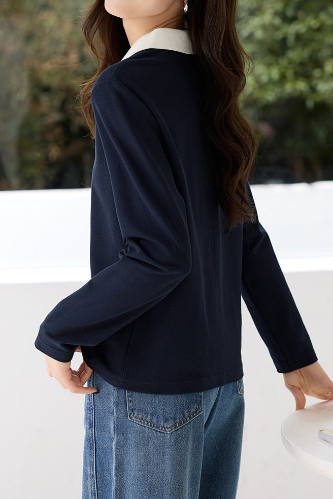 Contrasting Skipper Collar Logo Embroidered Long Sleeve T-Shirt - liwisi