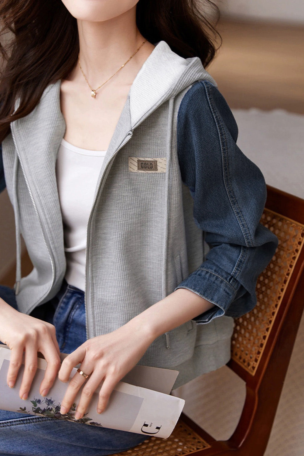 Hooded Zip-Up Denim Contrast Jacket - liwisi