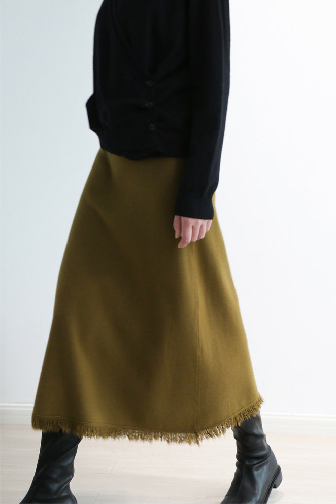 Aラインフリンジ装飾ロングニットスカート 6色入 - liwisi