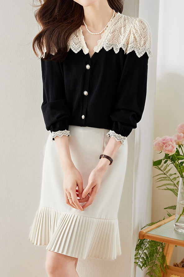 Mixed Material V-Neck Embroidered Lace Cape Shoulder Knit - liwisi