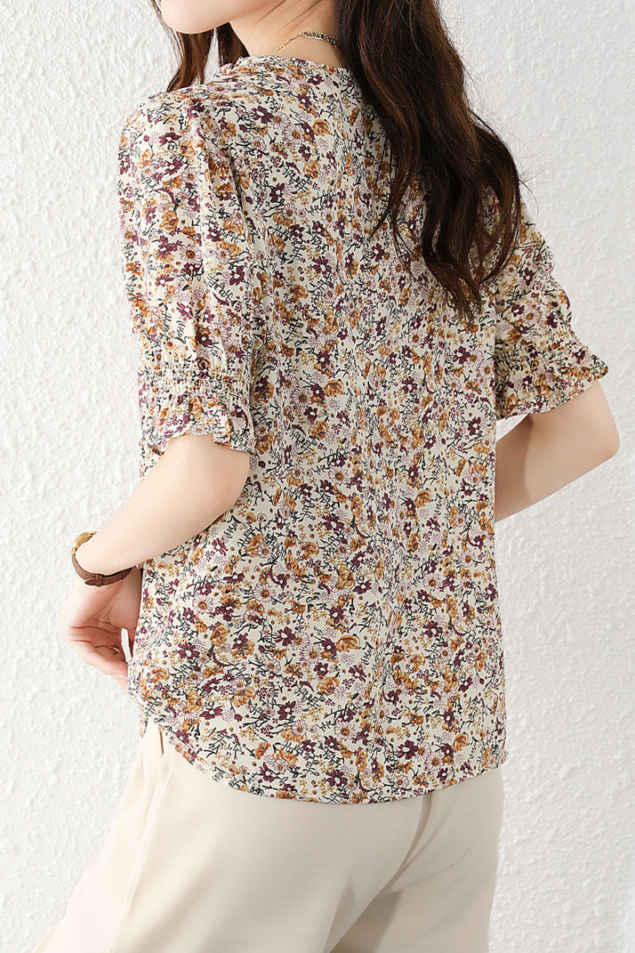 V-Neck Shirring Hem Floral Blouse - liwisi