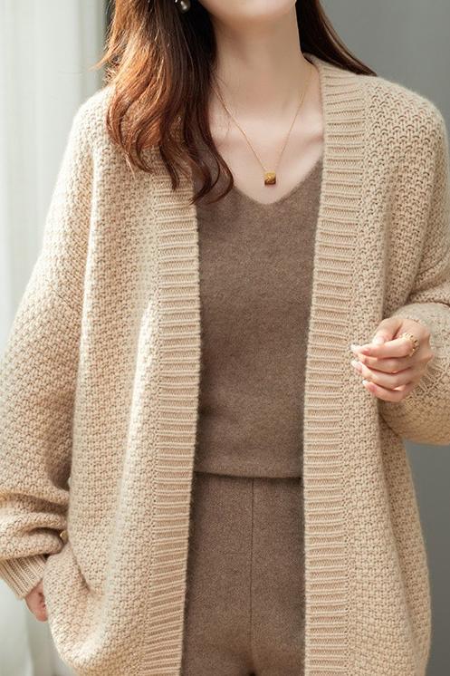 Open Collar Full Opening Buttonless Shawl Knit Jacquard Plain Cardigan - liwisi