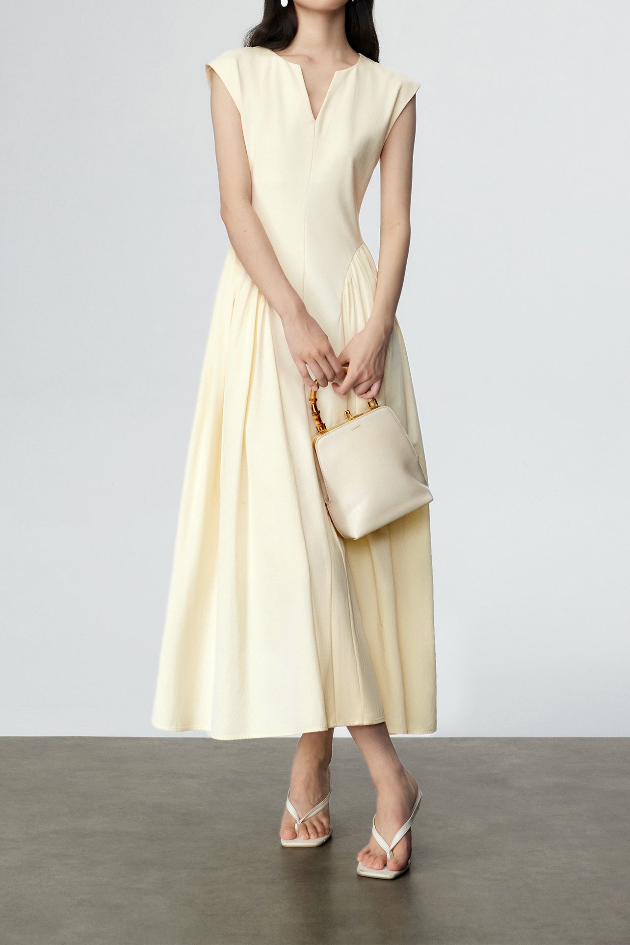 Key Neck Side Gathered Long Flare Dress with Lining - liwisi