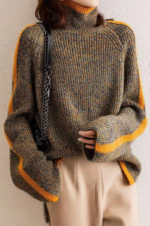 Turtle Neck Raglan Sleeve Bi-Color Knit - liwisi