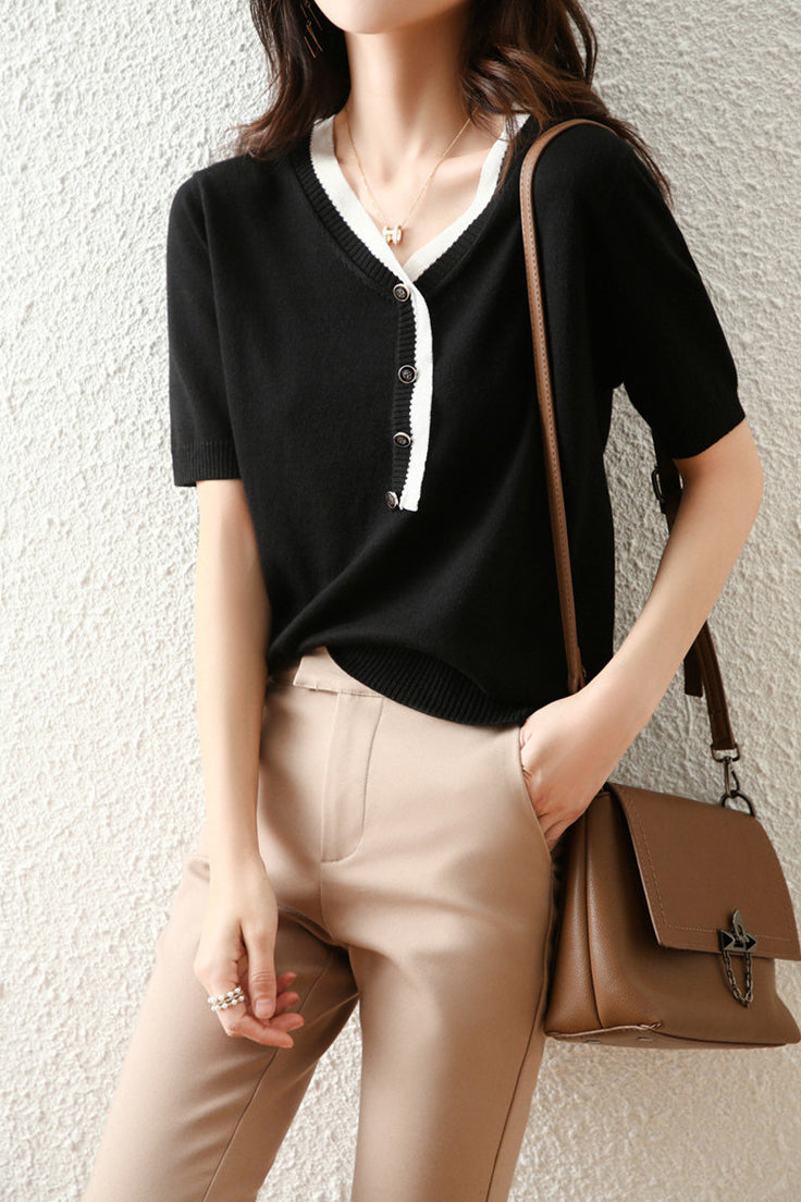 Bi-Color V-Neck Button Decor Knit Top - liwisi