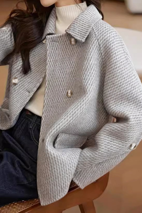 Stand Collar Double Button Melton Coat with Lining - liwisi