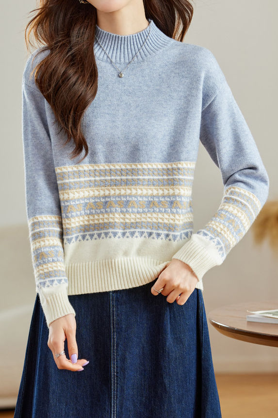 Slouchy Half-High Neck Color-Block Knit Top - liwisi