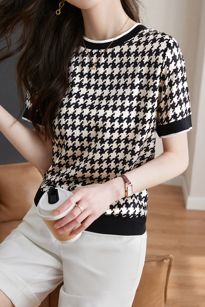 Round Neck Houndstooth Print Short Sleeve T-Shirt - liwisi