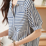 Striped Docking Gathered Short Sleeve Shirt - liwisi