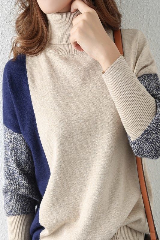 Contrast Turtleneck Leisure Knitted Sweater - liwisi