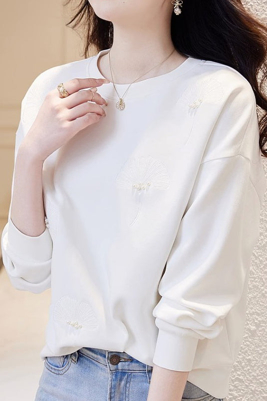 Plain Ginkgo Leaf Embroidered Beaded Sweatshirt - 2 Colors Available - liwisi
