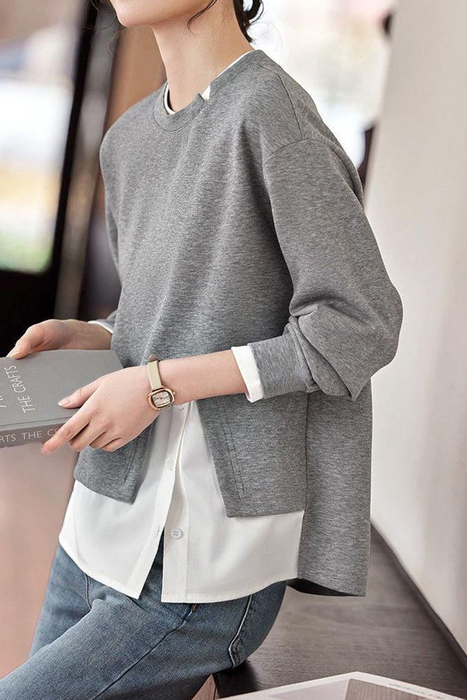 Layered Look Mixed Material Round Neck Sweatshirt - liwisi