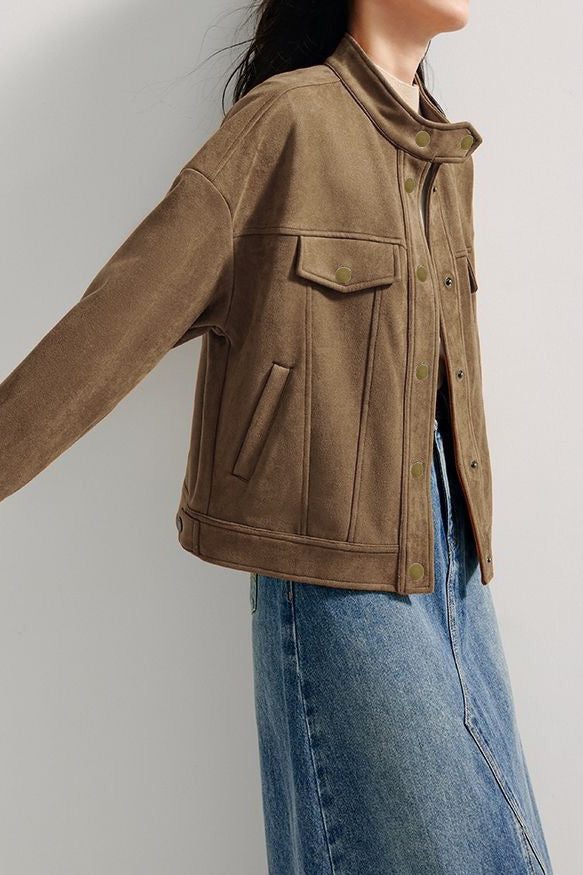 Stand Collar Short Jacket with Lining - 2 Colors Available - liwisi