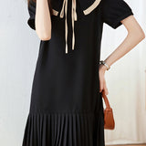 Peter Pan Collar Pleats Contrast Puff Dress - liwisi