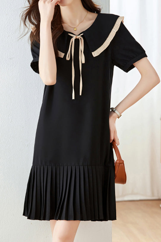 Peter Pan Collar Pleats Contrast Puff Dress - liwisi