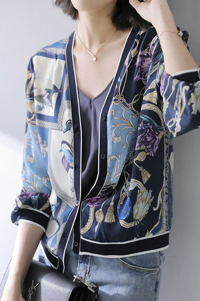 V-Neck Flower Print Short Sleeve Cardigan - liwisi