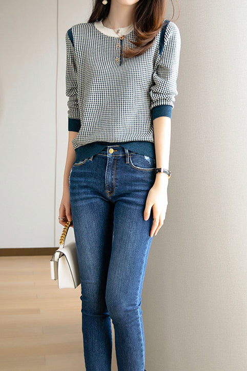 Round Neck Slit Opening Check Knit - 2 Colors Available - liwisi