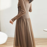 Two-Piece Set: V-Neck Button Decor Simple Knit + Tulle Long Flare Skirt with Lining - 2 Colors Available - liwisi