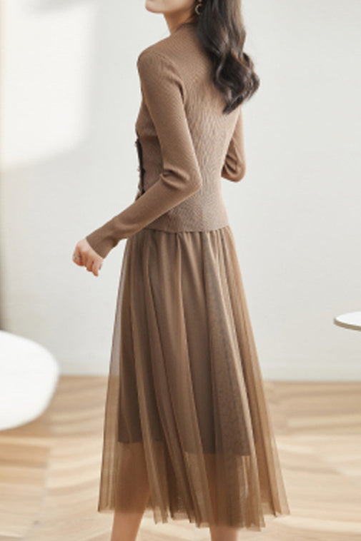 Two-Piece Set: V-Neck Button Decor Simple Knit + Tulle Long Flare Skirt with Lining - 2 Colors Available - liwisi