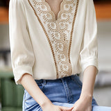 Scalloped V-Neck Embroidered Satin Blouse - liwisi