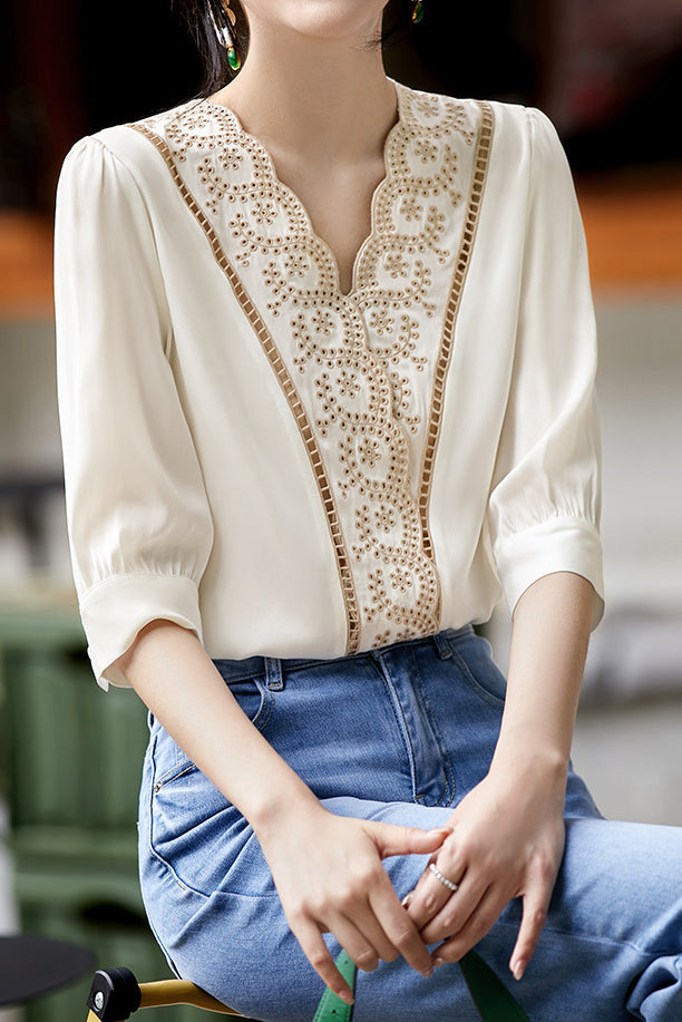Scalloped V-Neck Embroidered Satin Blouse - liwisi