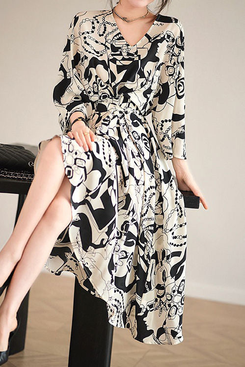 Stylish Printed Waist-Cinched Dress - liwisi