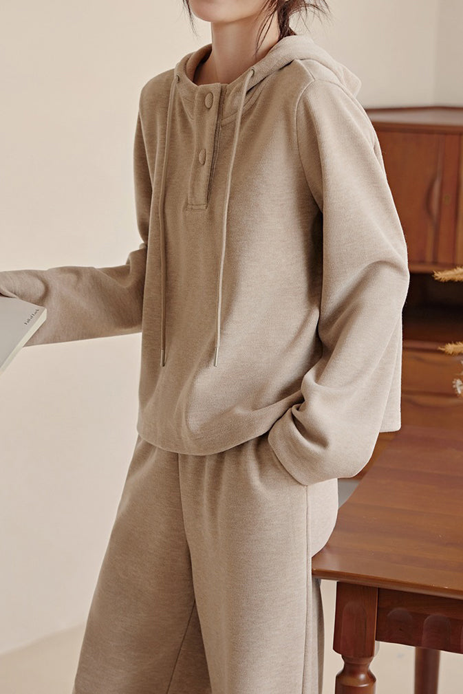 Two-Piece Set: Hooded Simple Parker with Slit Opening + Side Pocket Casual Long Wide Pants - liwisi