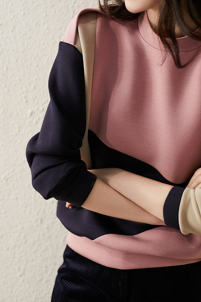 Round Neck Drop Shoulder Bi-Color Sweatshirt - liwisi
