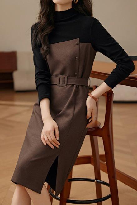 Elegant Midi-Length Long Sleeve Dress with Waist Belt - liwisi