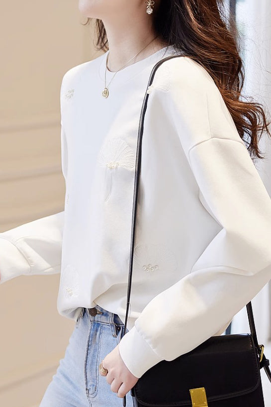 Plain Ginkgo Leaf Embroidered Beaded Sweatshirt - 2 Colors Available - liwisi