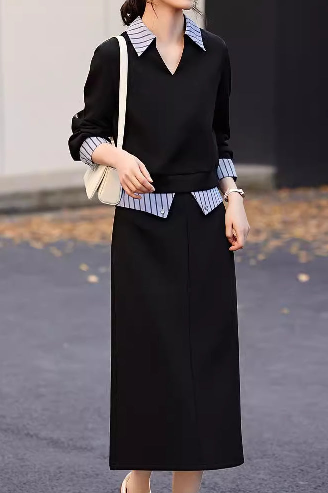 Shirt Collar Color-Block Two-Piece Set - liwisi