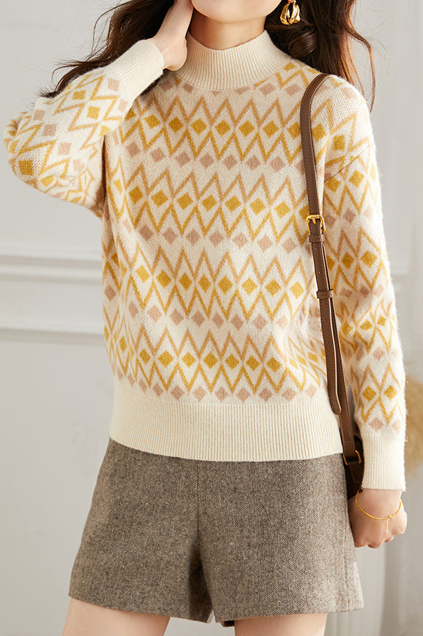 Casual Bottle Neck Diamond Pattern Knit Top - liwisi