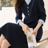 Casual Office Fake Two-Piece Paneled A-Line Shirt Dress - liwisi