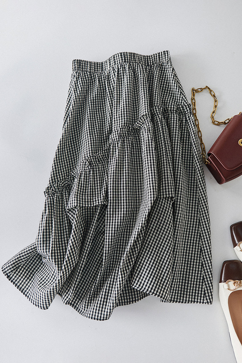 Asymmetrical Contrast Ruffle Decor Long Check Skirt - liwisi