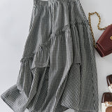 Asymmetrical Contrast Ruffle Decor Long Check Skirt - liwisi